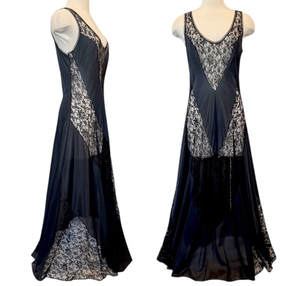 Frederick’s of Hollywood 70s Silky Nylon Black Sheer Lace Maxi Gown Slip Dress L